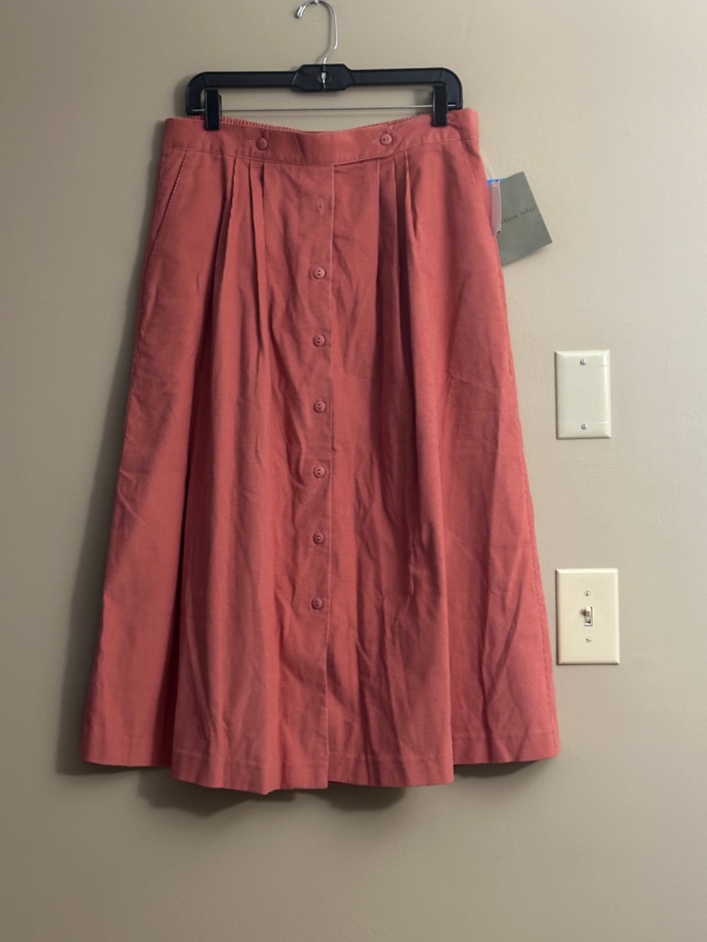 Button-Front Coral Corduroy Midi Skirt
